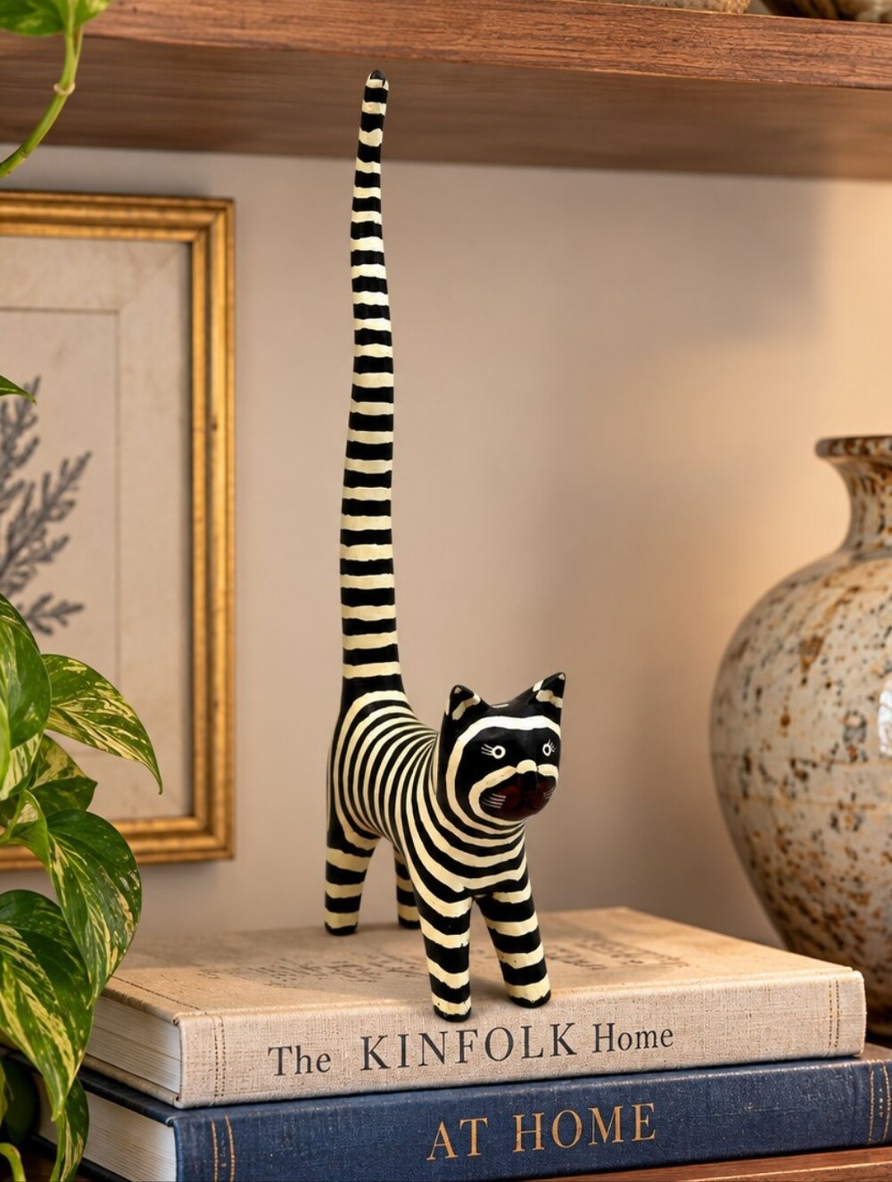 Vintage Black & White Striped Cat Figurine with Long Tail Standing Up
